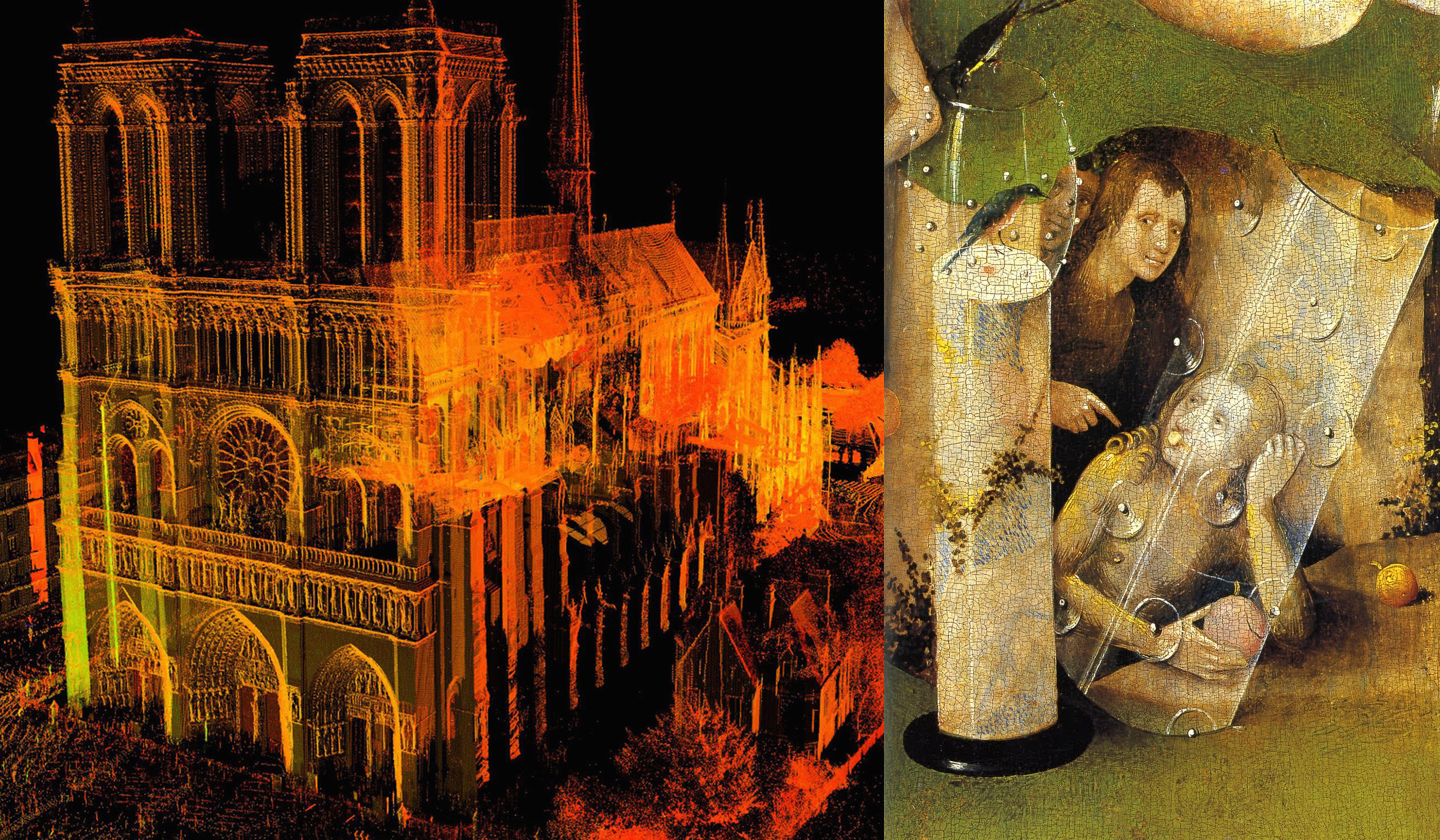 Banner image of Notre Dame Cathedral scan by Andrew Tallon and detail of The Garden of Earthly Delights by Hieronymus Bosch